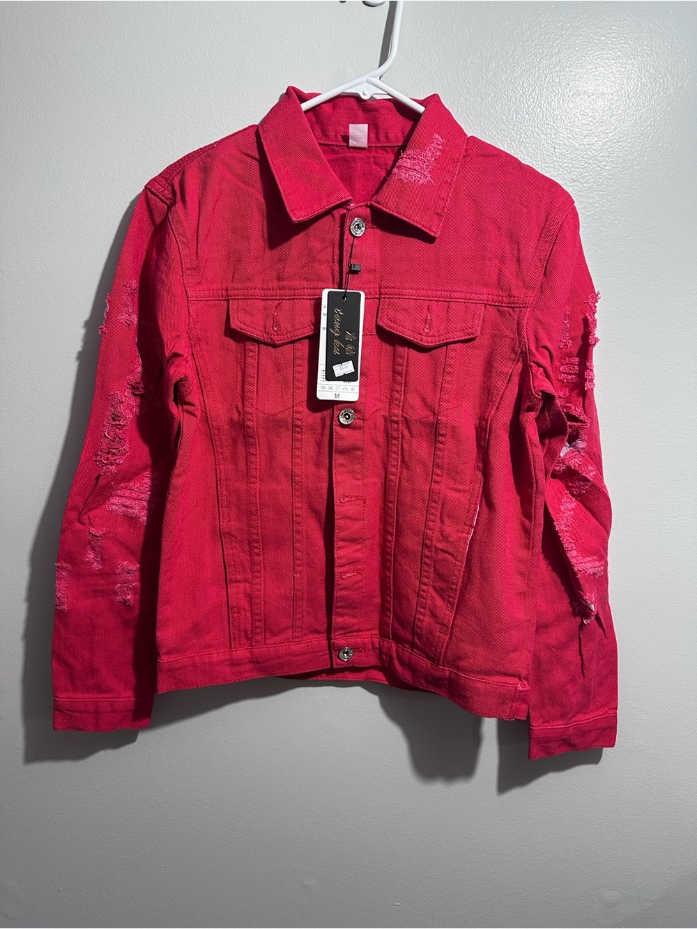 Distressed Red Denim Jacket Casual Jean Coat Size M (1489)